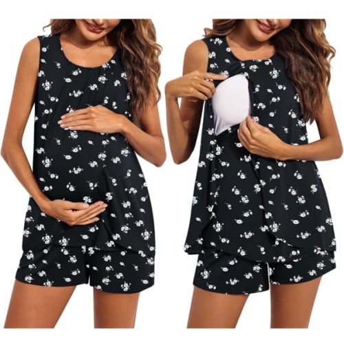 Ekouaer Women Maternity Nursing Pajama Set Breastfeeding Sleepwear Double Layer Sleeveless Top & Shorts Pregnancy PJS