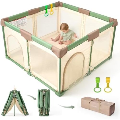 Tinyiota Foldable Baby Playpen, 50x50 Inch Portable Play Yard for Babies and Toddlers with Soft Breathable Mesh, Storage Bag & 2 Pull-Toy Handles for Indoor & Outdoor (Green, 50x50)