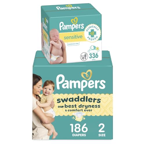Diapers Size 2, 186 Count and Baby Wipes - Pampers Swaddlers Disposable Baby Diapers and Water Baby Wipes Sensitive Pop-Top Packs, 336 Count (Packaging May Vary)
