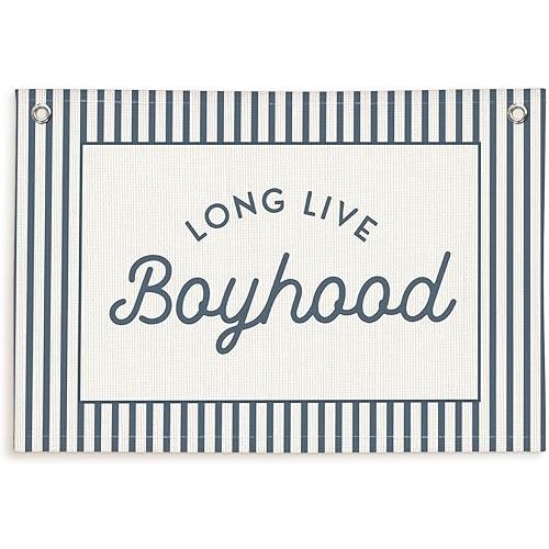 Lacama Vintage Blue Long Live Boyhood Boys Room Decor, Boy Nursery Decor, Linen Banner Wall Hanging Canvas Banner Flag Decor for Toddler Boy Room Nursery 30x20 Inch