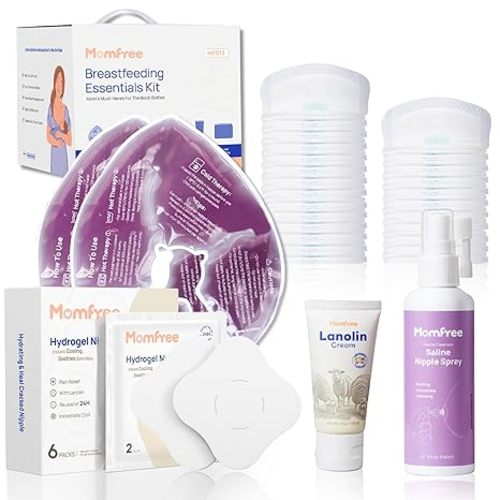Breastfeeding Essentials Kit for Nursing Moms Nipple Relief, 60 Piece Gift Set with Reusable Hot and Cold Breast Therapy Packs/Hydrogel Nipple Pads/Lanolin cream/Disposable Nursing Pads/Saline Spray