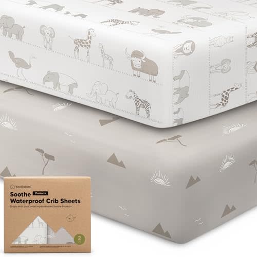 2-Pack Waterproof Crib Sheets for Boys, Girls - 52x28 Fitted Organic Cotton Baby Crib Sheets, Toddler Mattress Protector Cover, Washable, Soft & Durable Baby Bedding Essentials (Savannah)