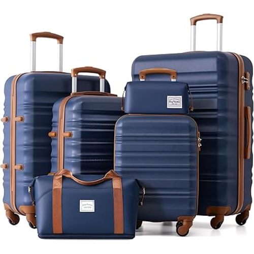 LONG VACATION Luggage Set 6 Piece Luggage ABS hardshell TSA Lock Spinner Wheels Luggage Carry on Suitcase (NAVY, 6 piece set)