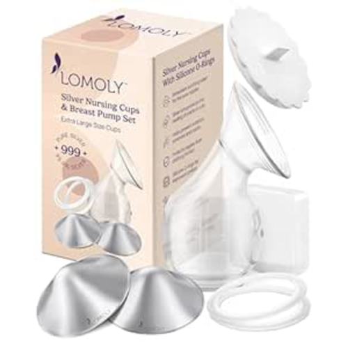 Silver Nursing Cups: Pure 999 Silver Nipple Shield to Relieve Soreness; Silver Nipple Covers Breastfeeding Set w/Breast Shells, Silicone Rings, and Hands-Free Breast Pump