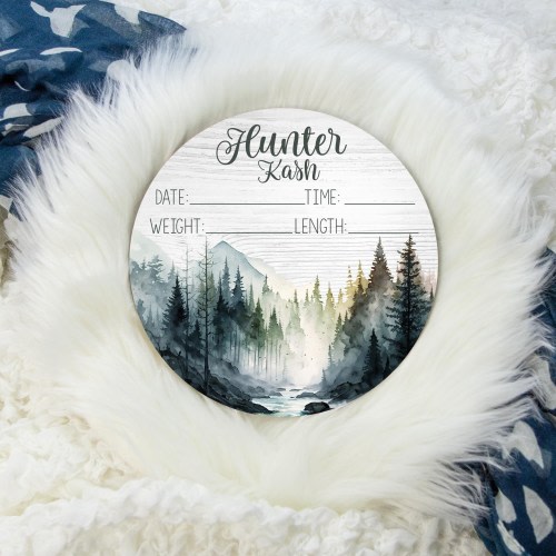 Mountains Birth Stat, Boy Birth Stat Sign, Round Wood Birth Stat Sign, Mountains Nursery, Personalized Birth Stat Sign, Newborn Gift M28