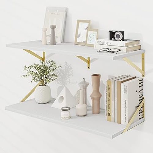 36 Inch Floating Shelves for Wall Set of 2 Wall Mounted Floating Shelf for Bathroom|Bedroom|Kitchen Rustic Wood Wall Shelves with Visible Bracket for Books|Plants|Decors, 36"D x 12"D, White & Gold