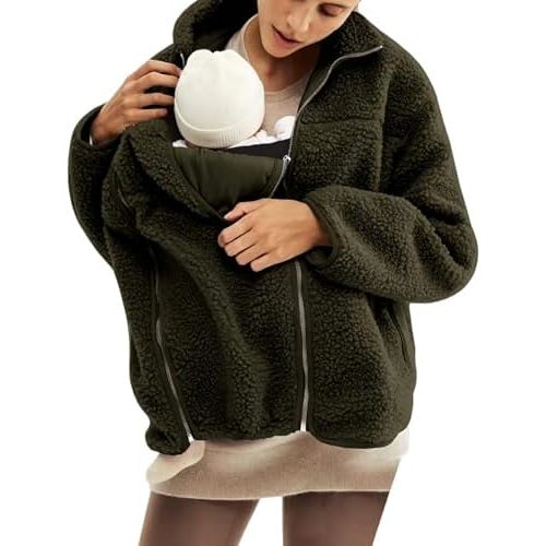 Women's Fleece Zip Up 2 in 1 Baby Wearing Jacket Maternity Winter Coat Thicken Kangaroo Sweatshirt