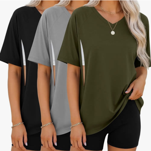 3 Pack Women's Oversized Nursing Shirts with Hidden Zip Breastfeeding Tops Short Sleeve Raglan Maternity Clothes