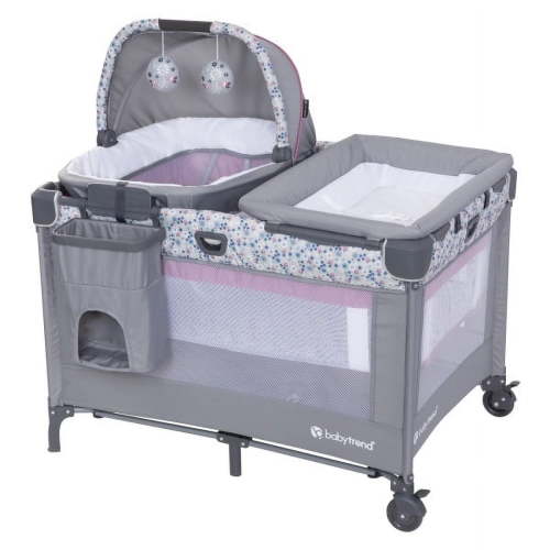 Baby Trend Nursery Den Playard with Rocking Cradle, Daisy Pink