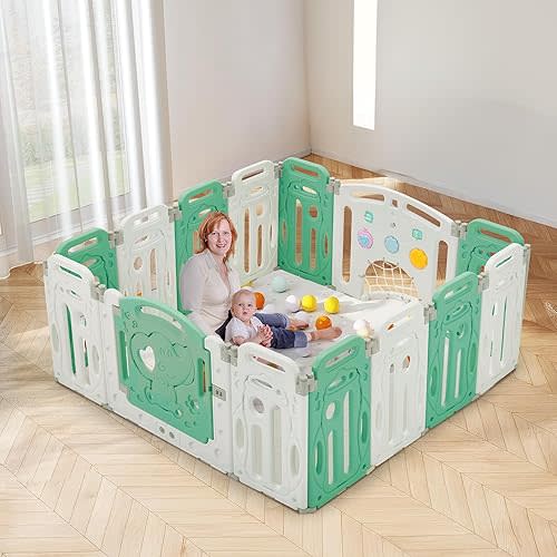 Baby Playpen,Foldable Plastic Playpen for Babies and Toddlers,14 Panels Fence with Lockable Door,Music Player,Soccer Goal,Spinning Gears,Light Green and White