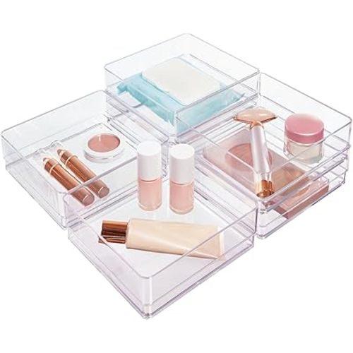 STORi SimpleSort 6-Piece Stackable Clear Drawer Organizer Set | 6" x 6" x 2" Square Trays | Small Makeup Vanity Storage Bins and Office Desk Drawer Dividers | Made in USA