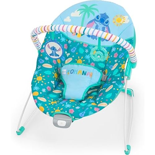 Disney Stitch Ohana Paradise Vibrating Baby Bouncer by Bright Starts, Soothing Vibrations Infant Seat with 2 Sensory Toys, 0-6 Months