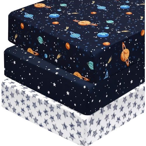 PHF 3 Pack Soft Space Crib Sheets Fitted, Silky Comfy Breathable Baby Sheets for Boys Girls Neutral, 28x52 Inches Fits Standard Crib and Toddler Mattresses, Space