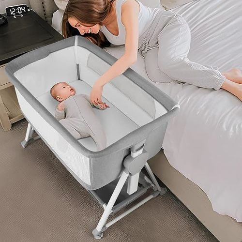 Cowiewie Bassinet Bedside Sleeper, Baby Bassinet with 7 Adjustable Height, Bedside Bassinet for Baby with Storage, Breathable Mesh & Mattress, Portable Bassinet Easy Folding (Pyramid Light Gray)