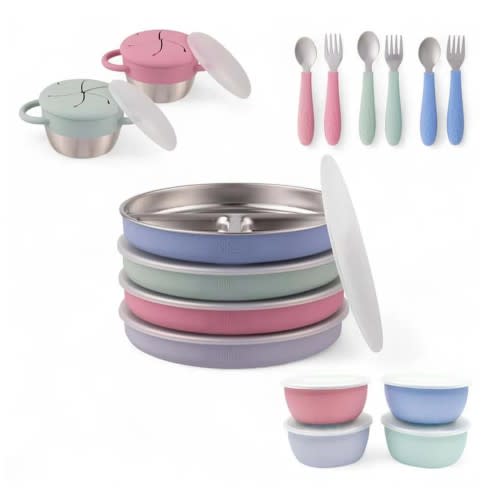 Stainless Steel Mealtime Bundle | Normal Sleeves | Plates, Bowls, Snack Cups + Toddler Utensils | 16 Pcs | Blush/Lilac/Sage/MistyBlue