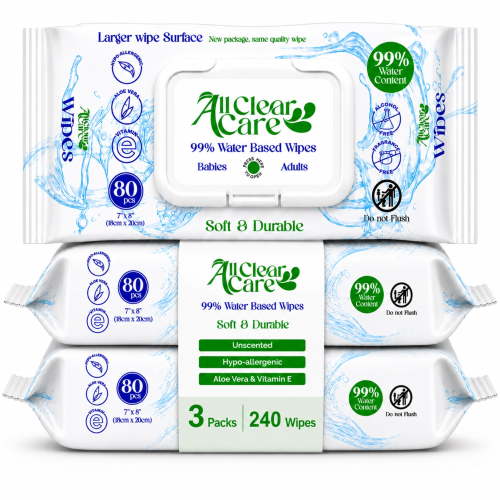All Clear Care Unscented Baby Wipes, 99% Water, Sensitive, XL, 3 Pack, 240ct