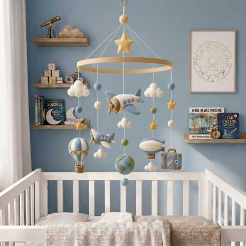 Travel Baby Mobile, Felt Airplane Crib Mobile, Hot Air Balloon Airship Nursery Decor, Adventure Nursery, Newborn Gift, Baby Shower Gift