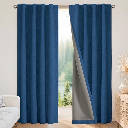 Joydeco Linen Blackout Curtains for Bedroom - 100% Light Blocking 1 Panels, Navy Blue Drapes 100" W x 84" L, Thermal Insulated Room Darkening Curtains for Living Room, Rod Pocket & Back Tabs