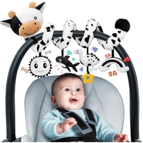 Spiral Car Seat Baby Toys 0-6 Months, Infant Carseat High Contrast Sensory Toys Hanging Stroller Accessories, Newborn Shower Gifts for Baby Boys Essentials Stuff, Cute Black and White Cow