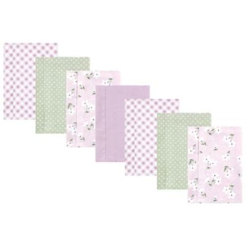 Hudson Baby Infant Girl Cotton Poly Flannel Burp Cloths, Purple Dainty Floral 7 Pack, One Size