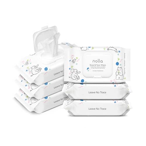 Nolla Nose and Face Wipes for Babies & Kids with Saline, Vitamin E, & Aloe | Unscented | Compostable, 180 Count (6 Packs of 30)