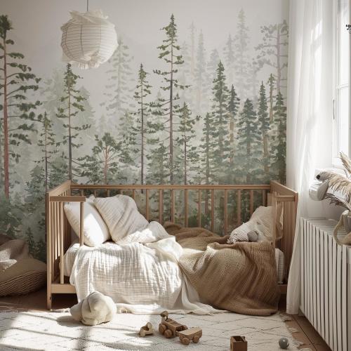Woodland Pines Wallpaper Mural: Foggy Forest Nursery Decor (Peel and Stick or Removable)