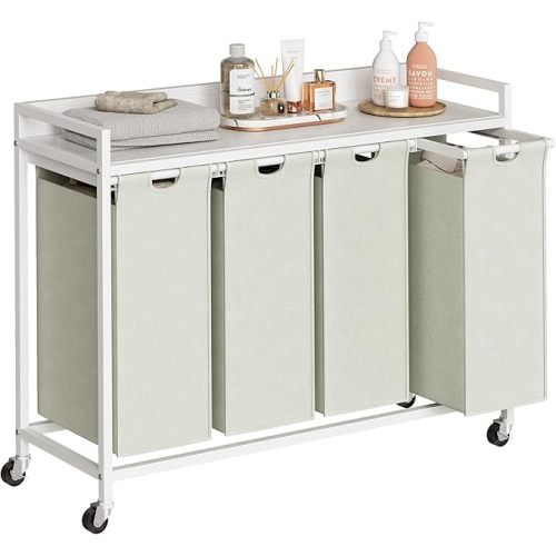 Herture Laundry Hamper with Shelf, Laundry Basket 4 Section, Laundry Sorter with Pull-Out Removable Large Bags and Movable Wheels, Metal Frame, 4 x 15.87 Gallons (60L), White PF07XLW