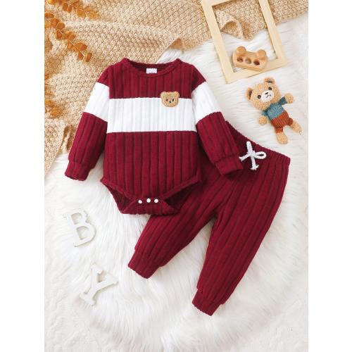 2pcs Toddler Baby Long Sleeve Fleece Cute Bear Design Set, Super Soft, Stretchy, Minimalist & Comfortable, For Baby Boys