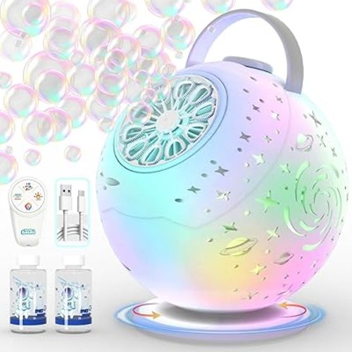 Rechargeable Bubble Machine - Auto 90°/360° Rotation, Remote Control, 7-Color RGB, Larger Bubbles Design, Bubbles Maker Toys Gifts for Kids, Toddlers, Easter, Birthday, Parties, Wedding, Boys, Girls