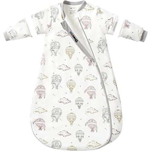 Baby Sleep Sack 3–6 Months, 2.5 TOG Warm Cotton Sleep Sack with Detachable Long Sleeves, Winter Wearable Blanket for Cold Nights, 2-Way Zipper Toddler Sleeping Sack, Hot Air Balloon