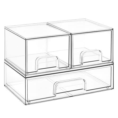 Vtopmart Stackable Storage Drawers Set of 3,Clear Plastic Organizer Bins for Makeup, Cosmetics, Beauty Supplies,Ideal for Vanity, Bathroom,Cabinet,Pantry Organization