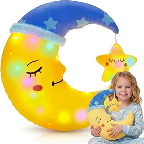 HyDren 15.7'' LED Twinkle Moon and Star Plush Stuffed Light up Soft Stuffed Toy Plush Pillow Goodnight Sensory Toy with Colorful Light for Kid Adult Room Decor Birthday Baby Shower Night Camping Gift