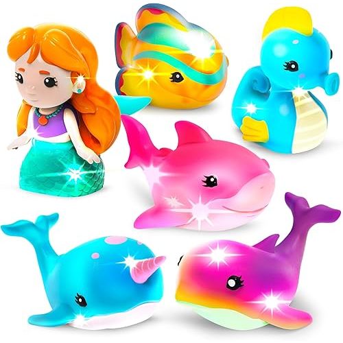 Tub Works® Mermaid Lagoon™ Light Up Bath Toys, 6 Pack | Water-Activated Light Up Toys Flash & Change Color | Easy-Grip Baby Girl & Toddler Bath Toys | Sensory Mermaid Toy Bathtub Toys with Bath Lights