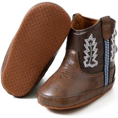 Leather Western Boots Cowboy Bootie Soft Sole Non-Slip Crib Shoes for Baby Infant Toddler