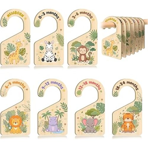 7 PCS Safari Closet Dividers for Baby Clothes, Wooden Double-Sided Nursery Wardrobe Organizer with Jungle Animal Theme for Newborn to 24 Months, Baby Room Decor Accessories