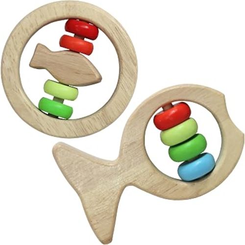 Wooden Fish Colorful Bead Rattle Set, Baby Teething Toy 2 Pack, Educational Toy for Toddlers & Preschoolers 2pk