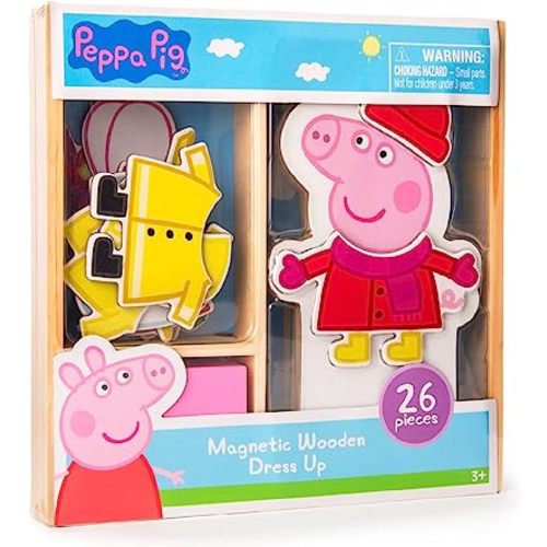 Peppa Pig Magnetic Wood Dress Up Doll. Includes 26 Colorful Magnetic Wood Pieces and Wooden Storage Box. Encourages Creative Play with Mix and Match Fun for Preschoolers and Kids Ages 3 and over.