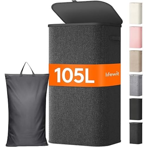 Lifewit 105L Large Laundry Basket with Lid, Laundry Hamper with Plastic Handles and Removable Bag, Foldable Tall Dirty Clothes Hampers for Laundry for Laundry Room, Bedroom, Bathroom, Dorm, Dark Gray