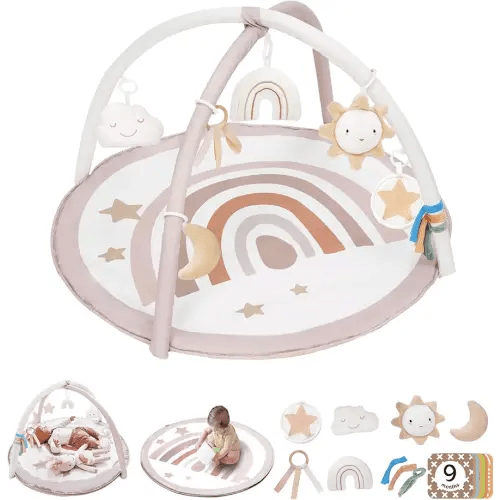 Baby Play Gym Mat, Tummy Time Activity Mat with 7 Detachable Toys and 12 Milestone Cards for Stage-Based Sensory and Motor Skill Development, Washable Play Mats for Infant, Newborn Baby Essentials