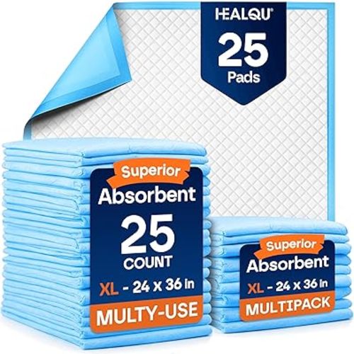 Healqu Disposable Underpads - Super Absorbent Incontinence Bed Pads for Adults, Kids, Elderly, and Pets - Fluid and Urine Bed Protection - Large, Thick, Fluff and Polymer Chux (24x36 Pack of 25)