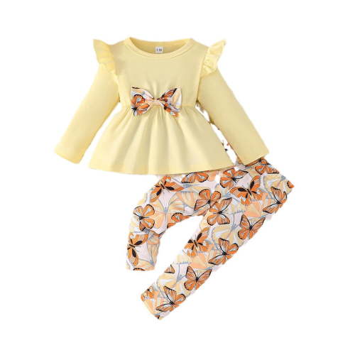 Hpapadks Baby Girl Outfits Long Sleeve Butterflies Print Ribbed Bowknot Tops Trousers Set Baby Girl Clothes Yellow 3 Months-6 Months