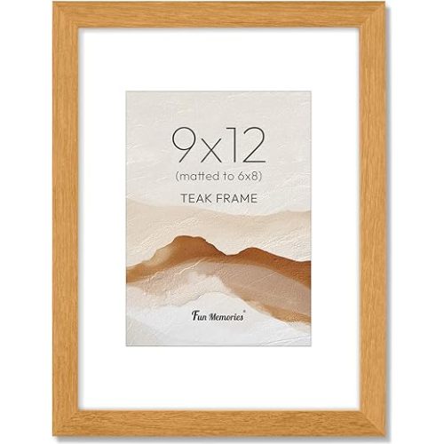 Fun Memories 9x12 Picture Frame, USA-Sourced Teak Wood Photo Frames with HD Tempered Glass, Rustic Wooden 9x12 Frame with Mat for 6x8, Minimalist 9 x 12 Wood Frames for Wall & Tabletop Display