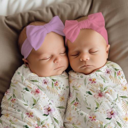 Twin Baby Girls Hawaiian Floral Swaddle Set, Plumeria & Hibiscus Newborn Outfit, Purple or Pink Flower Headband / Bow Hat, Shower Present