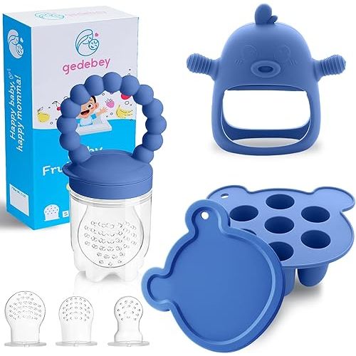 Baby Fruit Feeder & Breastmilk Popsicle Mold Set – 3 Pack Silicone Teething Relief Kit with Food Feeder Pacifier, Freezer Tray with Lid & Baby Teether Toy (Steel Blue)