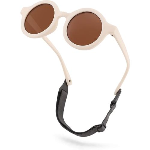 Bouryo Polarized Cute Round Sunglasses Flexible Newborn Baby Sunglasses with Strap for Infant Boys Girls Ages 0-24 Months