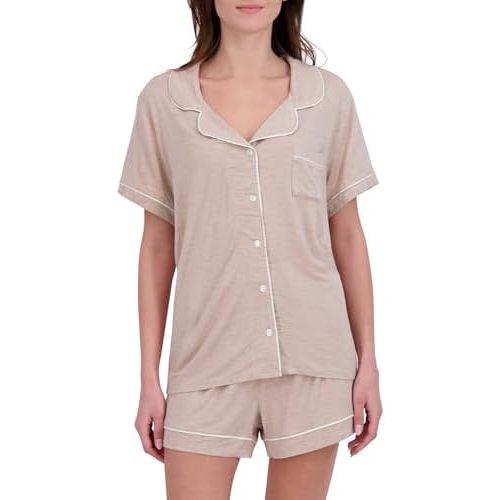 BORN Heathered Modal Pajamas for Women, Short Pajama Set for Women 2 Piece with Classic Button Down Top and PJ Shorts