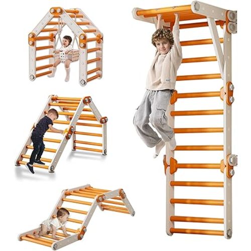 Toddler Climbing Toys,Kids Pikler Triangle Set,Montessori Indoor Play Gym,Multifunction Foldable Indoor Climbing Gym for Kids(Orange)