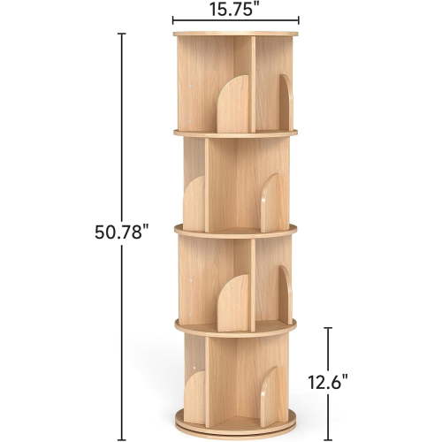 Rotating Bookshelf 360 Display 4 Tier Small Corner Bookshelf for Small Space Floor Standing Bookcase Storage Rack Pine Wood Narrow Book Shelf Organizer for Bedroom Living Room (15.75