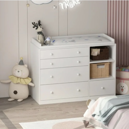 MONSLIPA Nursery Dresser Baby Dresser with 5 Drawer & 2 Shelves, White Wood Chest of Drawers for Storage, Bedroom Nursery, White (47.2"L x 19.7"W x 33.3"H)