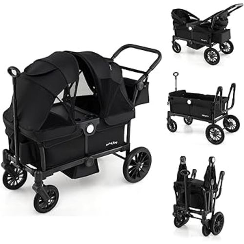 BABY JOY Wagon Stroller for 2 Kids, Collapsible Push Pull Double Stroller Wagon with Adjustable Handle Bar, Removable Canopy, Safety Harness, Cup Holder, Snack Tray & Storage Bag (Black)